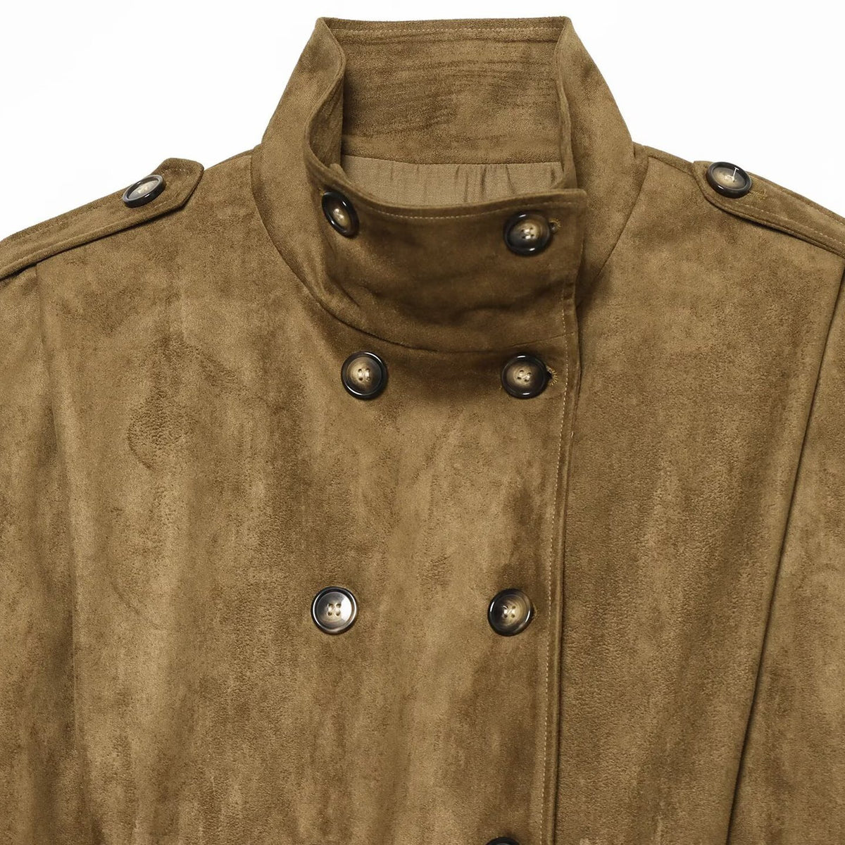 Women's Short Cut Double-Breasted Suede Look Jacket with Stand Collar and Epaulettes EVA-US