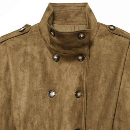 Women's Short Cut Double-Breasted Suede Look Jacket with Stand Collar and Epaulettes EVA-US