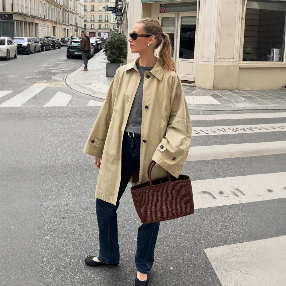 Women's Oversize Cotton Blend Trench Coat with Mid-Length, Straight Cut EVA-US