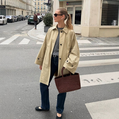 Women's Oversize Cotton Blend Trench Coat with Mid-Length, Straight Cut EVA-US