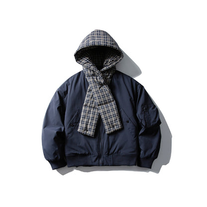 Men's Windproof Bomber Jacket with Quilted Checkered Hood and Integrated Scarf EVA-US