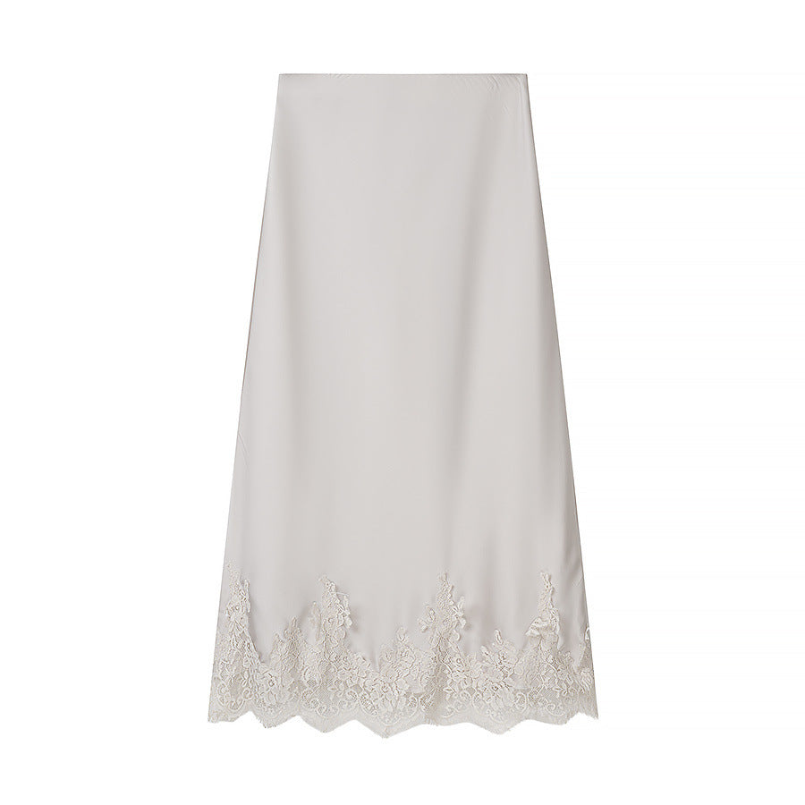 Women's Two-Piece Satin Set with Wrap Blouse and Midi Skirt with Lace Trim EVA-US