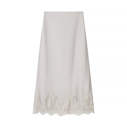 Women's Two-Piece Satin Set with Wrap Blouse and Midi Skirt with Lace Trim EVA-US