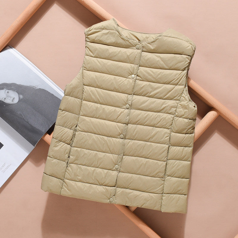 Women's Lightweight Quilted Down Vest with Stand-Up Collar and Snap Button Placket EVA-US