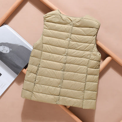 Women's Lightweight Quilted Down Vest with Stand-Up Collar and Snap Button Placket EVA-US