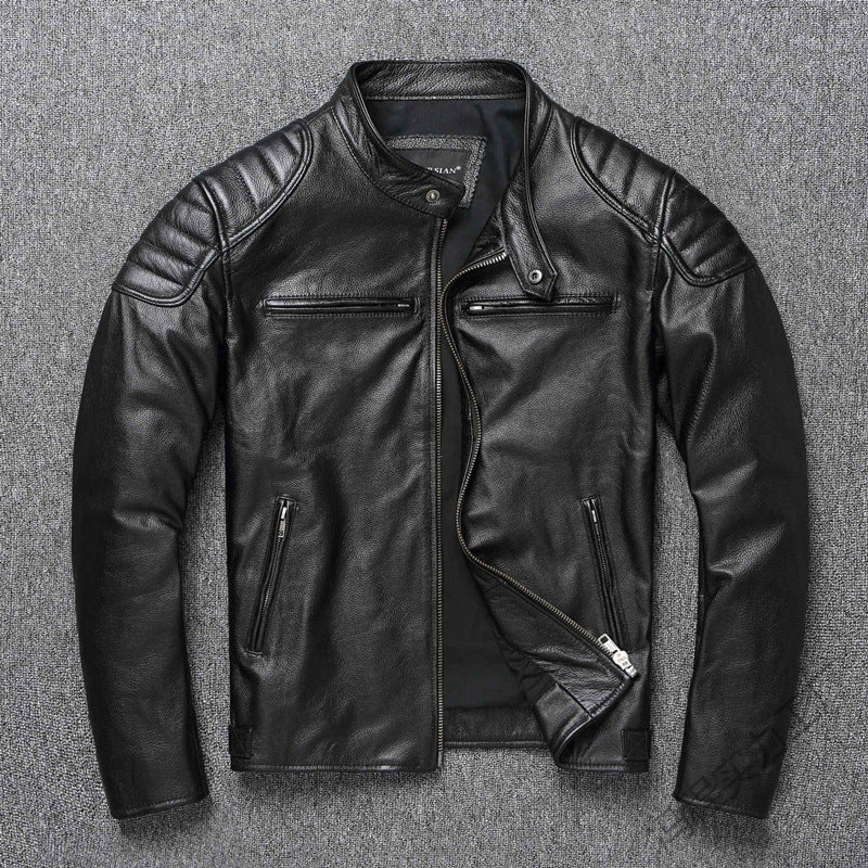 Men's leather jacket in vintage biker style with chest pockets and zipper EVA-US