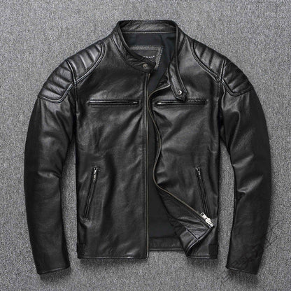 Men's leather jacket in vintage biker style with chest pockets and zipper EVA-US