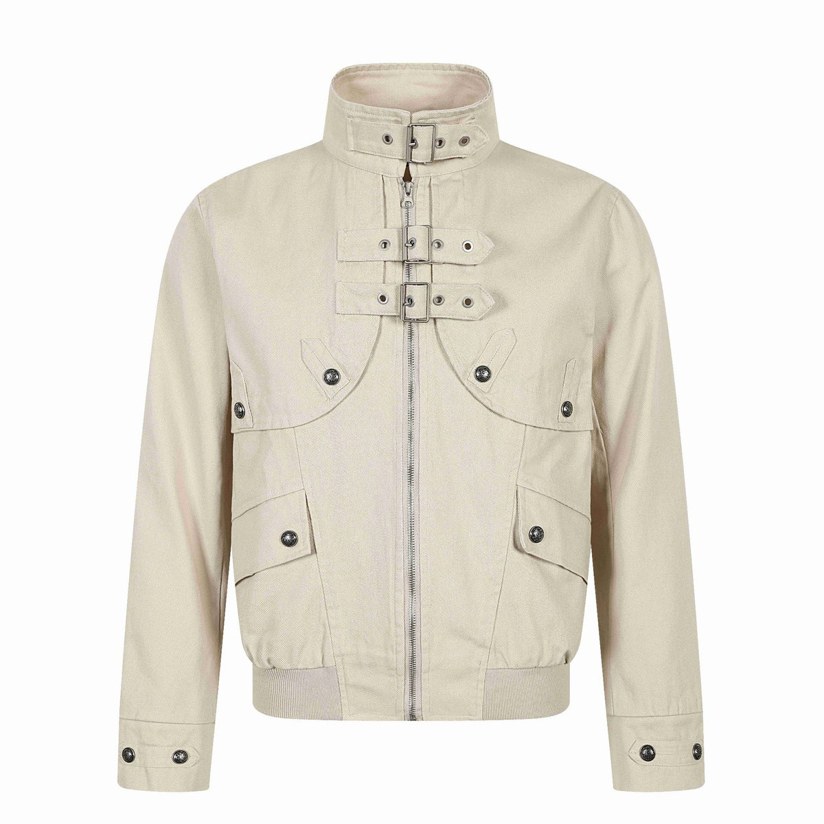 Unisex Short-cut Canvas Field Blouson with Buckle Placket, Utility Pockets and High Standing Collar EVA-US