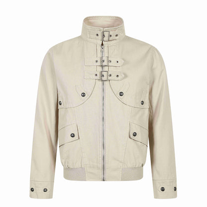 Unisex Short-cut Canvas Field Blouson with Buckle Placket, Utility Pockets and High Standing Collar EVA-US