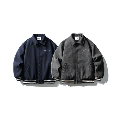 Men's Boxy College Blouson Jacket made of wool blend with snap button closure and striped ribbed cuffs EVA-US