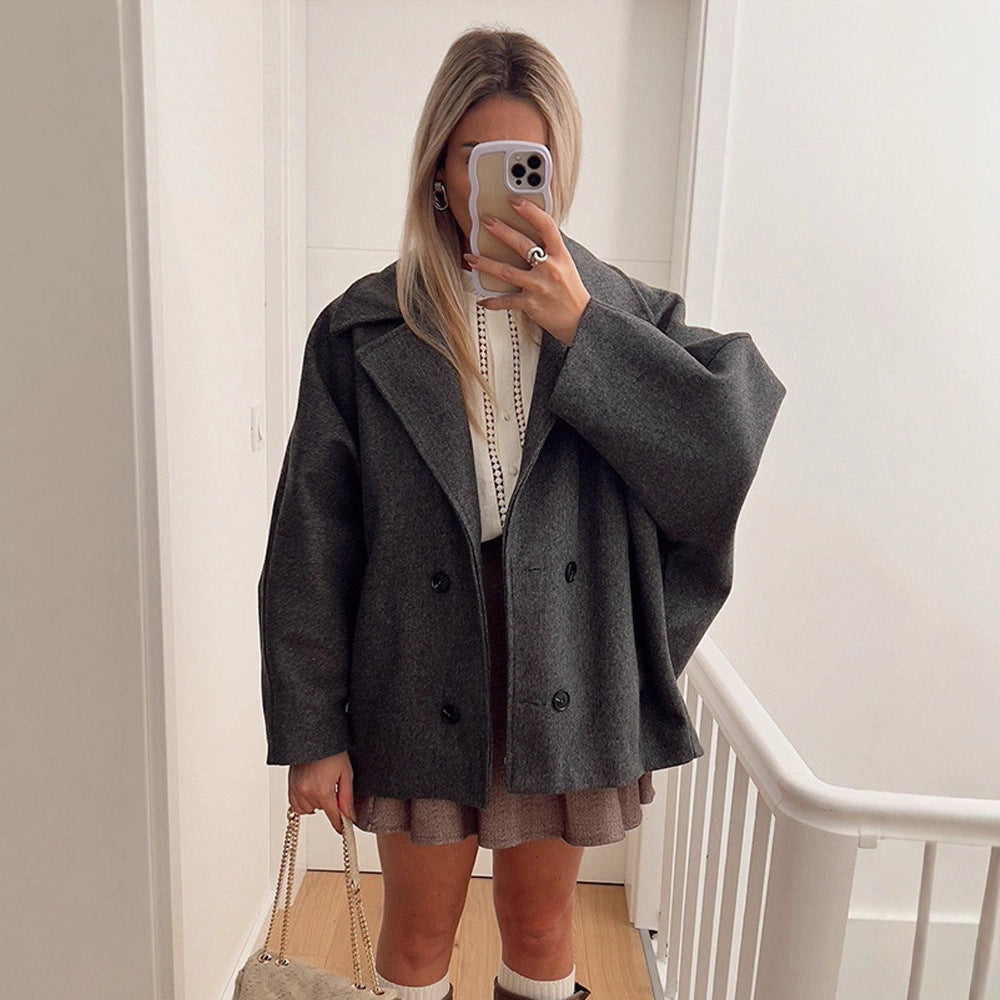 Women's Boxy Wool Blend Cocoon Jacket with Double-Breasted Button Placket and Wide Lapels EVA-US
