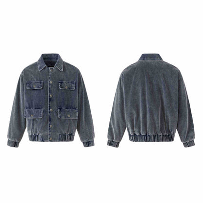 Unisex Short-cut Cord Workwear Jacket in Boxy Cut with Four Flap Pockets and Metal Buttons EVA-US