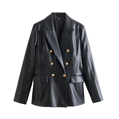 Women's Double-Breasted Faux Leather Blazer with Gold Decorative Buttons and Flap Pockets EVA-US