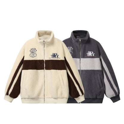 Unisex Sherpa fleece jacket in boxy cut with stand-up collar, block stripes and embroidery details EVA-US