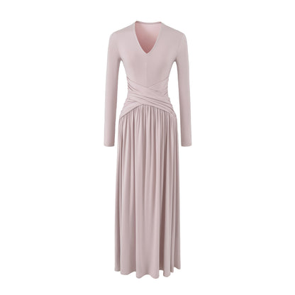 Women's V-Neck Maxi Wrap Dress Made of Jersey with Gathered Waist Section EVA-US