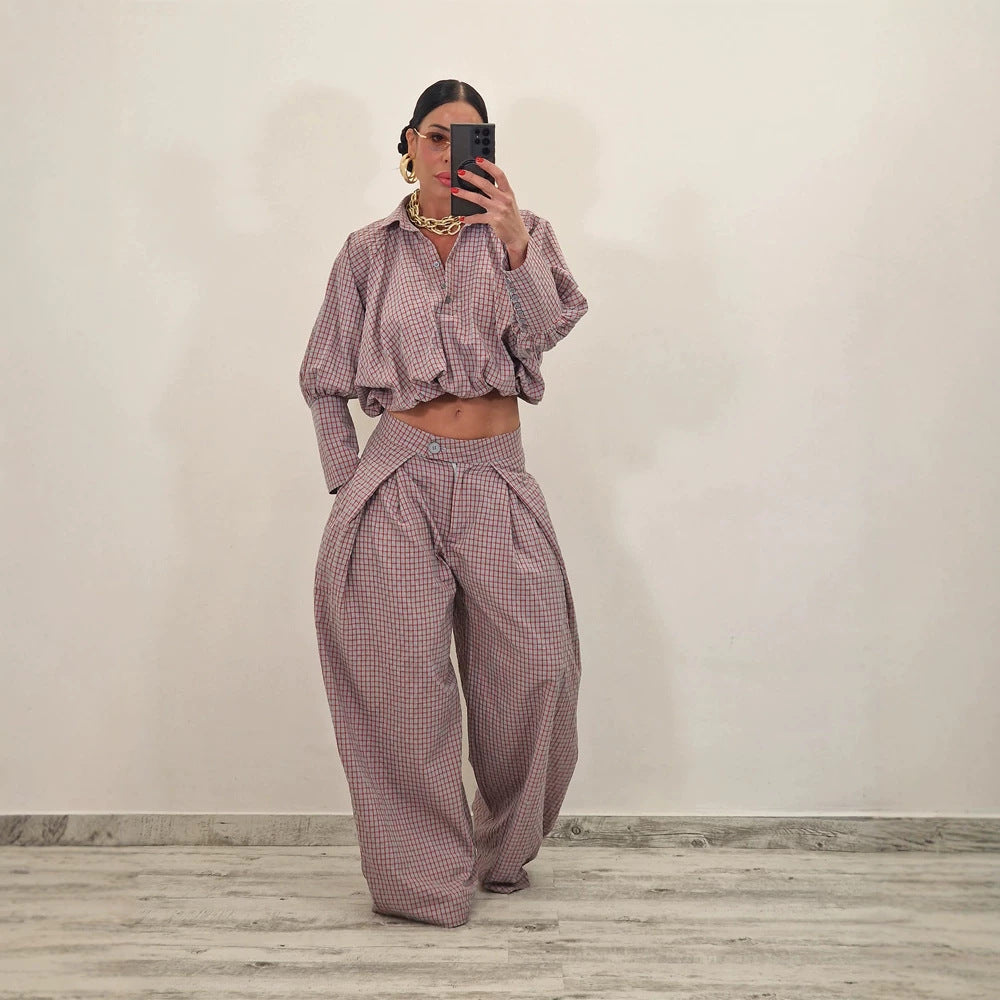 Women Two-Piece Checked Set with Cropped Oversized Shirt and Wide Pleated Trousers EVA-US
