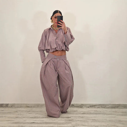 Women Two-Piece Checked Set with Cropped Oversized Shirt and Wide Pleated Trousers EVA-US