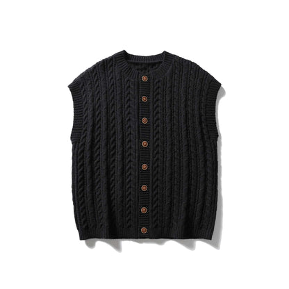 Women's Sleeveless Cable Knit Vest with Wooden Buttons and Ribbed Hem EVA-US