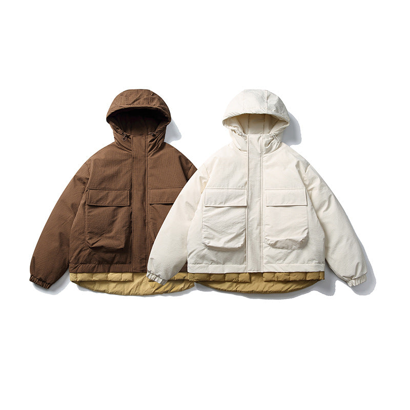 Unisex Short cut padded hoodie jacket in material mix with patch pockets EVA-US
