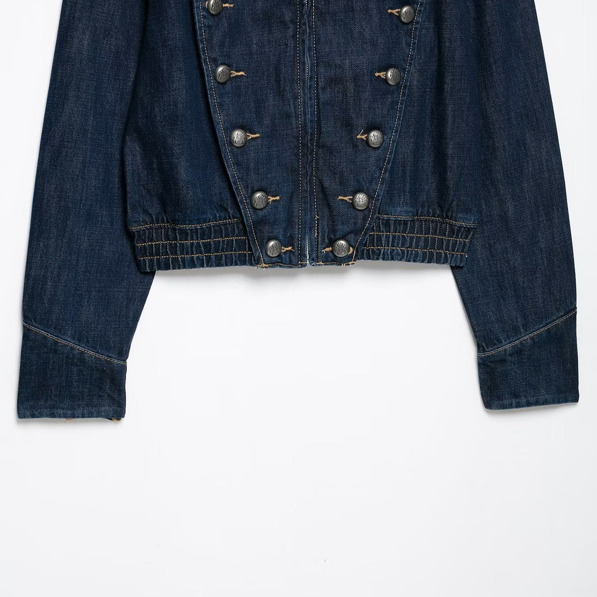 Women's Cropped Denim Field Jacket with Decorative Double Row and Stand-Up Collar EVA-US