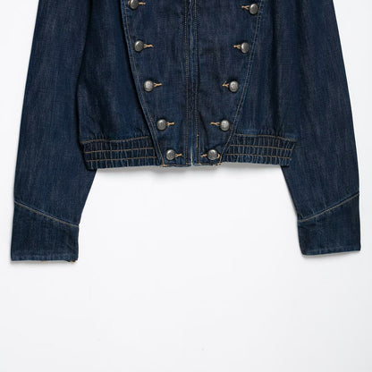 Women's Cropped Denim Field Jacket with Decorative Double Row and Stand-Up Collar EVA-US
