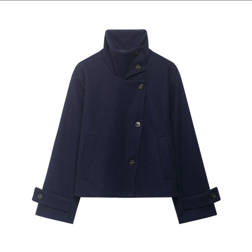 Women's Cropped Wool Blend Short Jacket with High Stand Collar, Asymmetric Button Placket and Cuffed Sleeves EVA-US