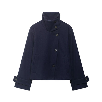 Women's Cropped Wool Blend Short Jacket with High Stand Collar, Asymmetric Button Placket and Cuffed Sleeves EVA-US