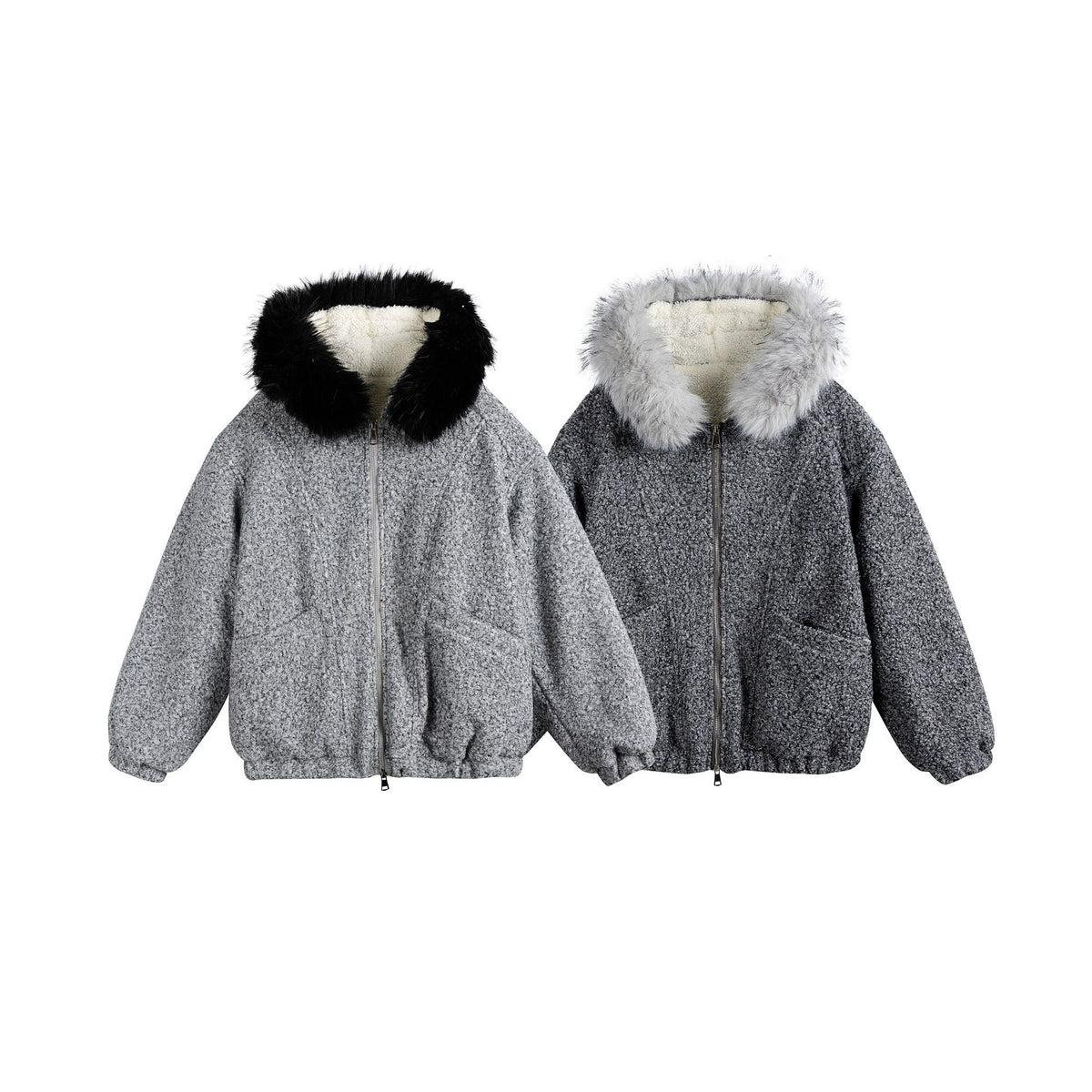 Women's Boucle Blouson Jacket with Voluminous Faux Fur Collar and Thermal Lining EVA-US