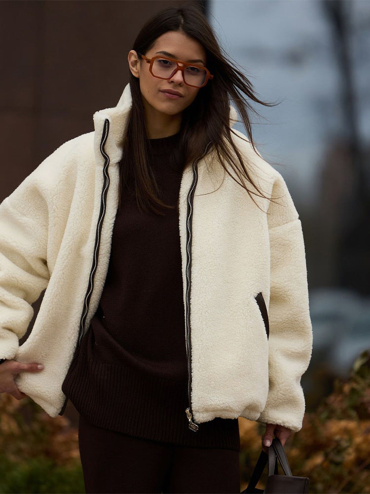 Women's teddy fleece oversized jacket with high stand-up collar, contrasting zip placket and insert pockets