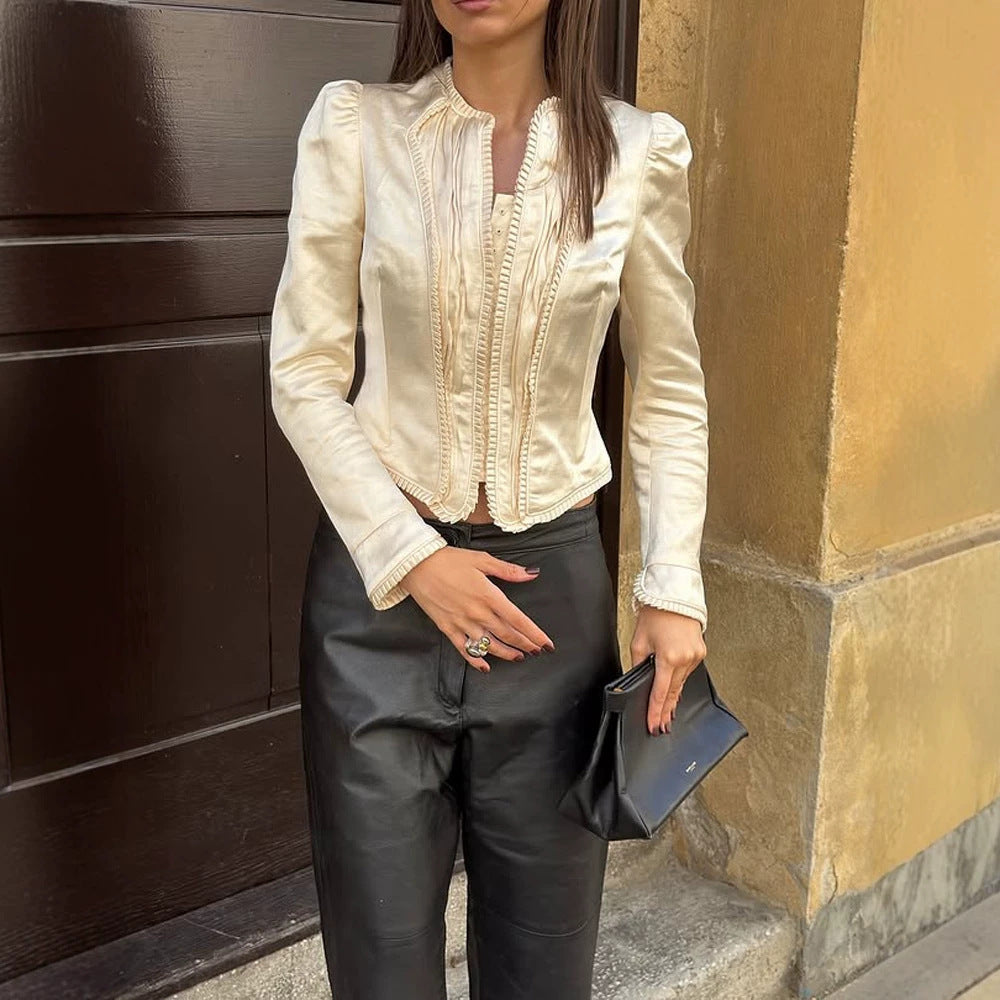 Women Tailored Cropped Blazer with Sculpted Shoulder and Decorative Trimmings EVA-US