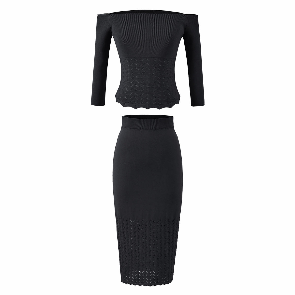 Women's Two-Piece Knit Set with off-the-shoulder Neckline and Bodycon Pencil Skirt EVA-US