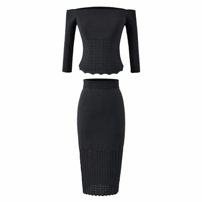 Women's Two-Piece Knit Set with off-the-shoulder Neckline and Bodycon Pencil Skirt EVA-US