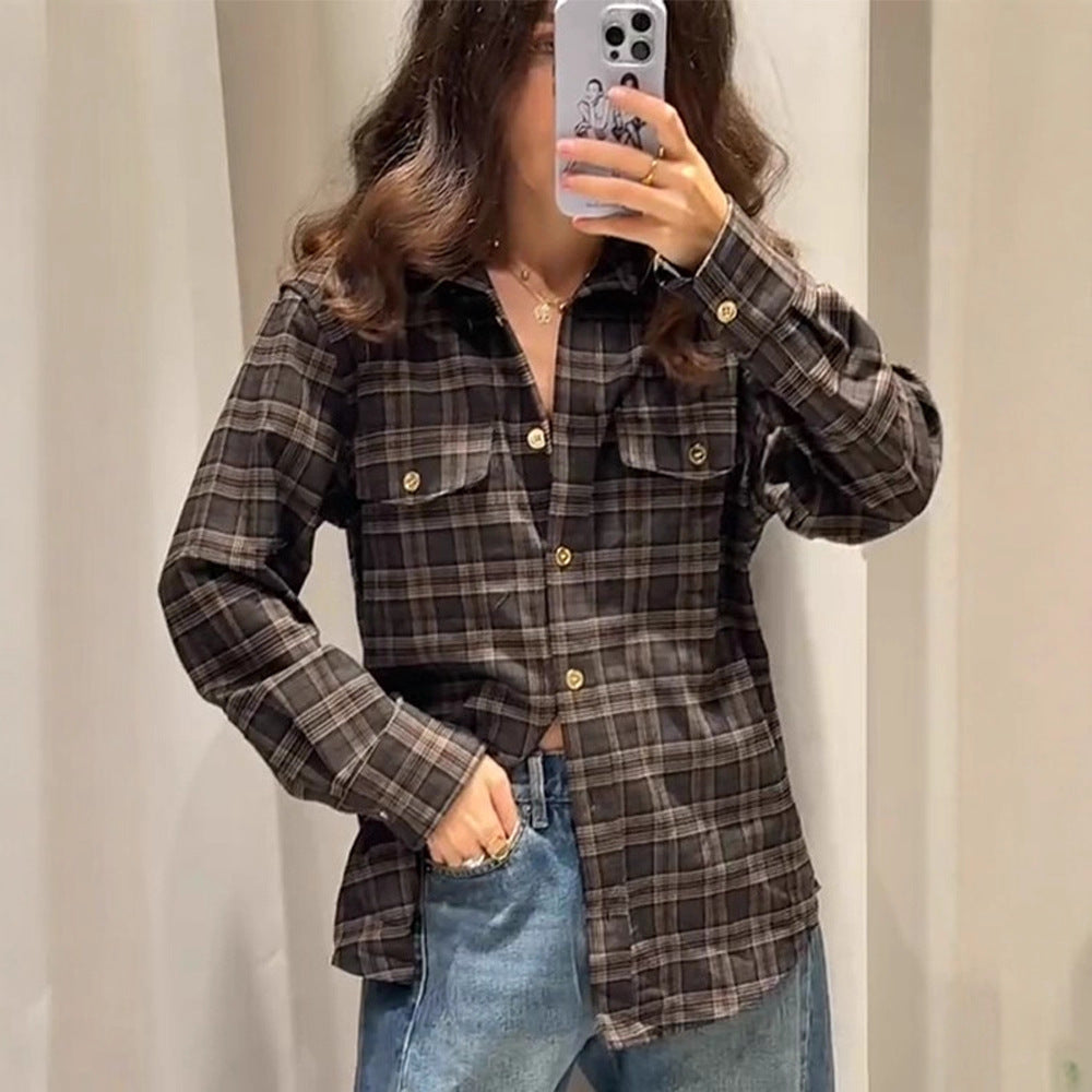 Women Checked Overshirt with Chest Pockets and Gold Press Buttons EVA-US