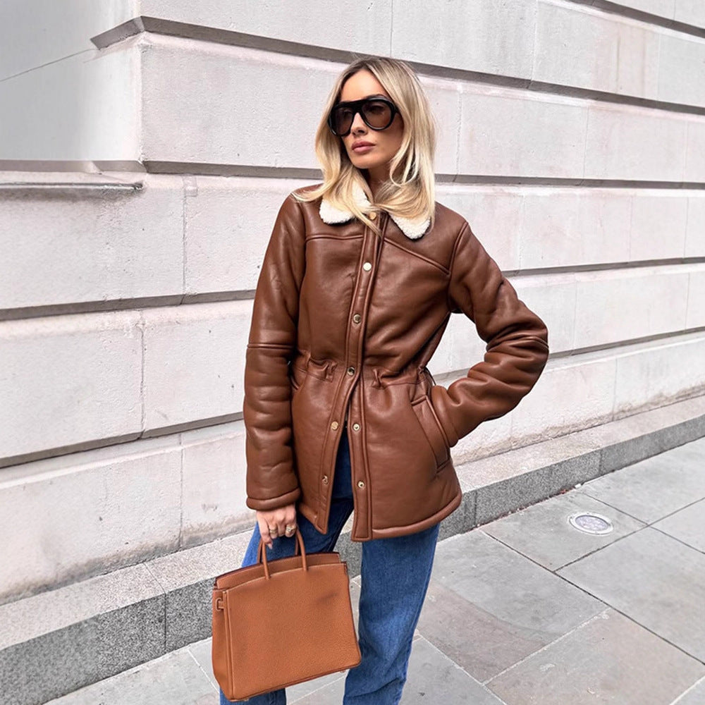 Women's Fitted Faux Leather Jacket with Drawstring, Teddy Collar and Snap Button Placket EVA-US