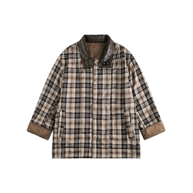 Men's short-cut field blouson in vintage workwear style with faux leather stand-up collar and checked inner lining EVA-US