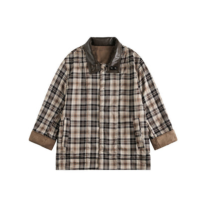 Men's short-cut field blouson in vintage workwear style with faux leather stand-up collar and checked inner lining EVA-US