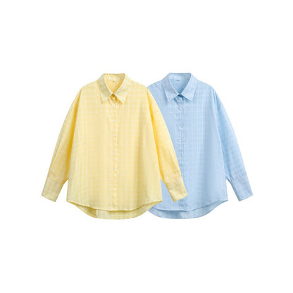 Women Loose Boxy Shirt with Kent Collar, Rounded Hem and Fine Check Pattern EVA-US