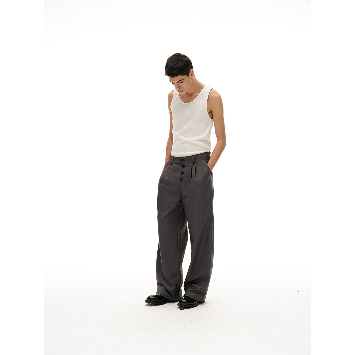 Women's Wide High-Waist Pleated Trousers with Distinctive Button Placket EVA-US