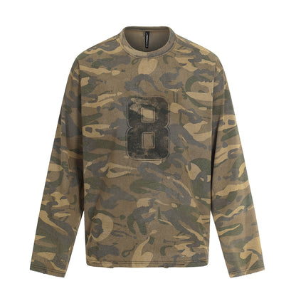 Men's camouflage long-sleeve shirt in used look with round neck and vintage print EVA-US