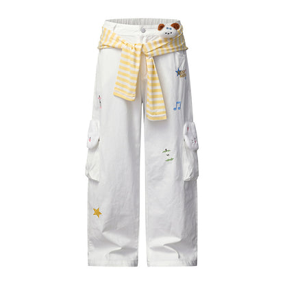 Women Wide Cargo Jeans with Plush Pockets, Embroidery and Elastic Waist EVA-US