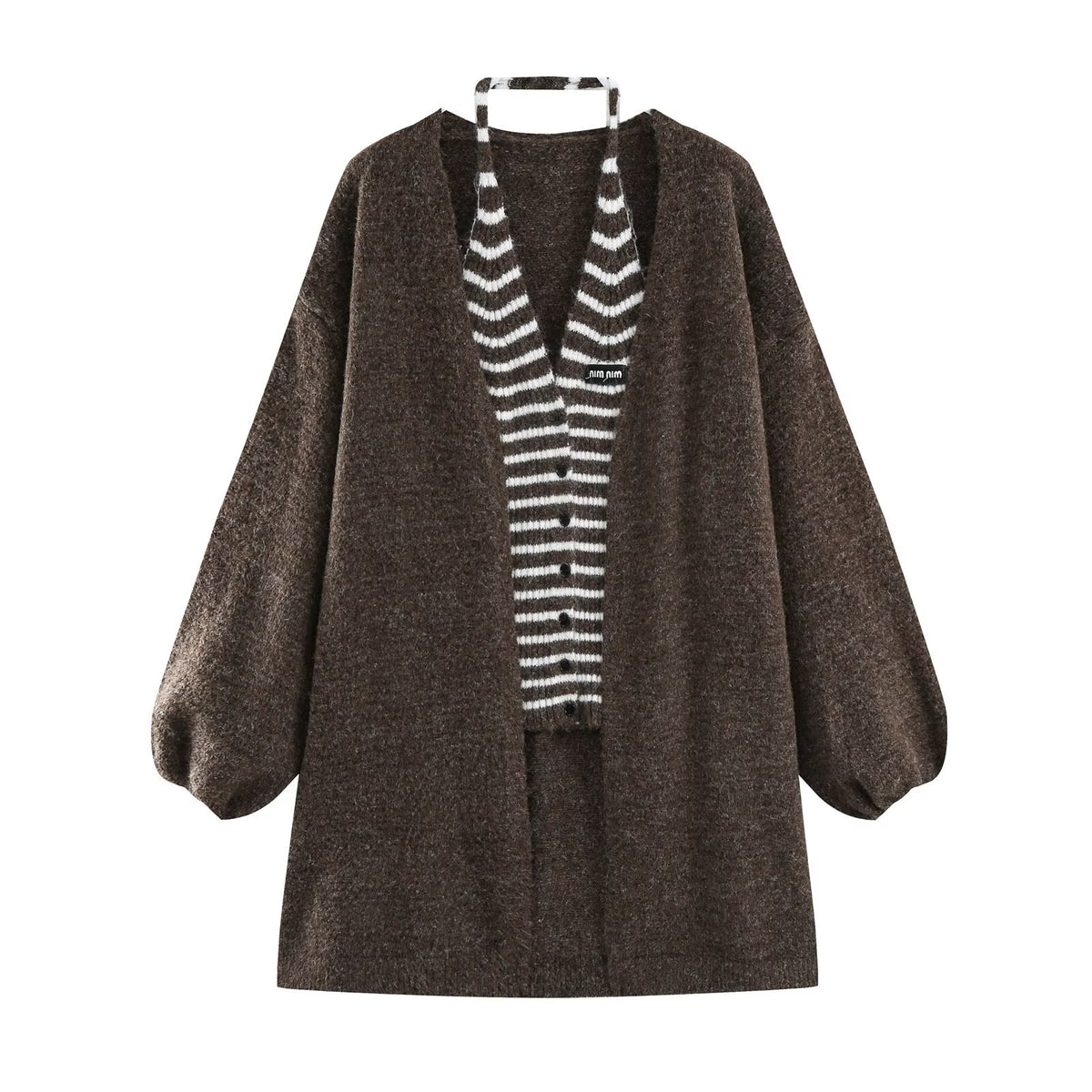 Women's Oversized Knit Cardigan with Balloon Sleeves and Striped Trim Button Placket EVA-US