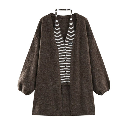 Women's Oversized Knit Cardigan with Balloon Sleeves and Striped Trim Button Placket EVA-US