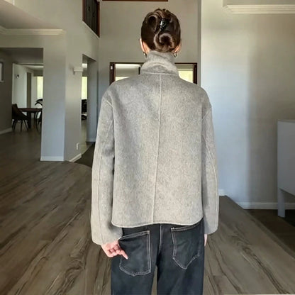 Women's Short Wool Blend Coat with Asymmetrical Button Placket and High Standing Collar EVA-US