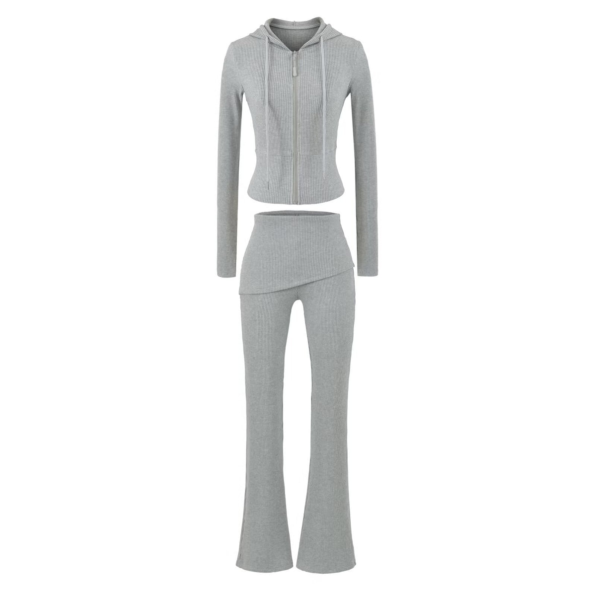 Women's Ribbed Lounge Set with Hooded Jacket and Wrap Waist Pants EVA-US