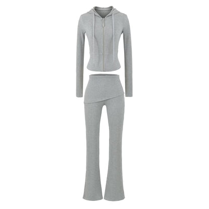 Women's Ribbed Lounge Set with Hooded Jacket and Wrap Waist Pants EVA-US