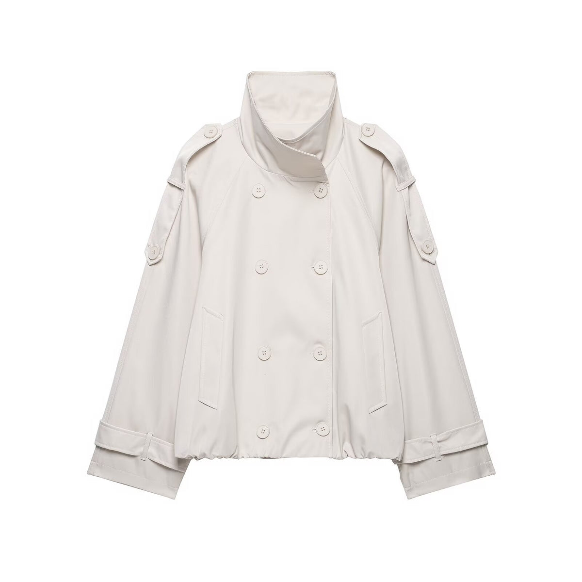 Women Short Cut Cape Trench with High Funnel Collar and Double-Breasted Button Placket EVA-US