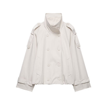 Women Short Cut Cape Trench with High Funnel Collar and Double-Breasted Button Placket EVA-US