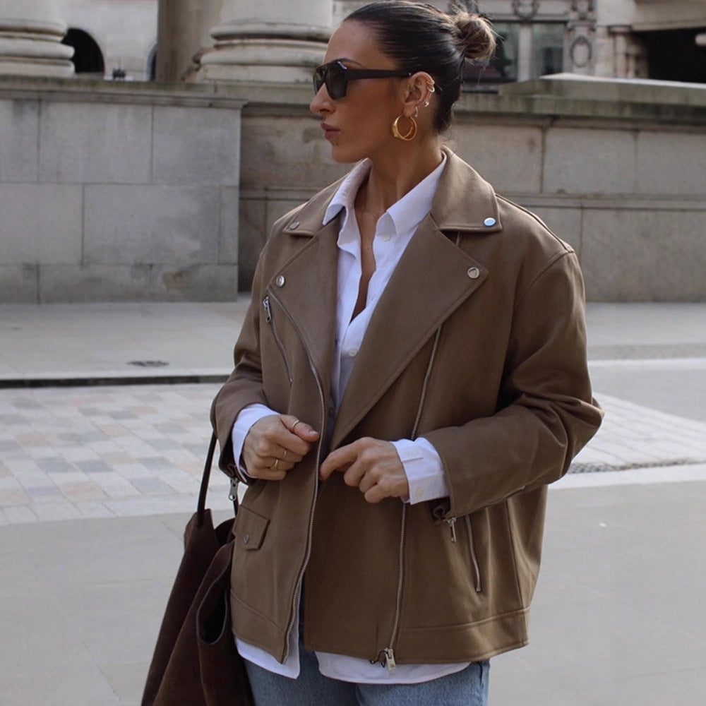 Women's oversized biker jacket made of suede imitation with asymmetrical zipper EVA-US
