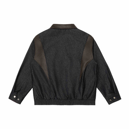 Men's short jacket in boxy cut made of wool-denim mix with leather-trimmed collar and vertical zippered chest pocket EVA-US