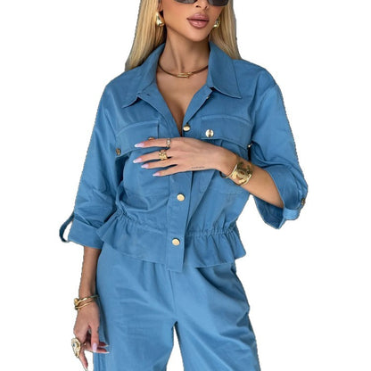 Women's Two-Piece Utility Shirt Jacket and High Waisted Pants Set with Drawstring and Gold Snap Buttons EVA-US